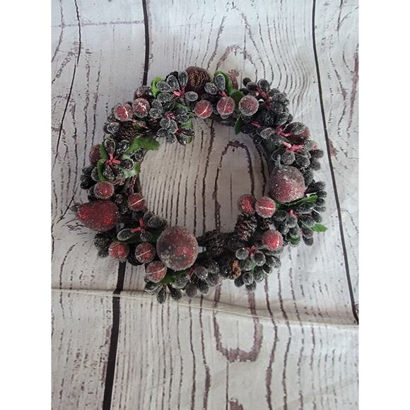 Artificial frosted berry pine cone candle ring or mini wreath Christmas Winter - Picture 1 of 6